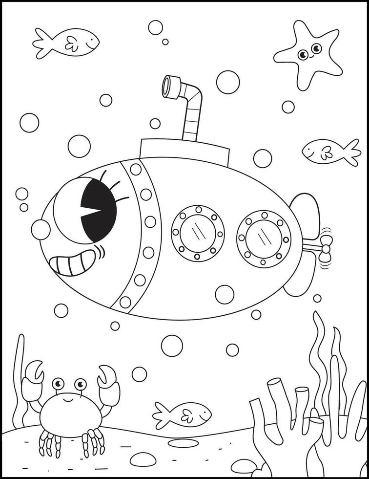 Coloring book or page for kids submarine black and white illustration doodle style vector
