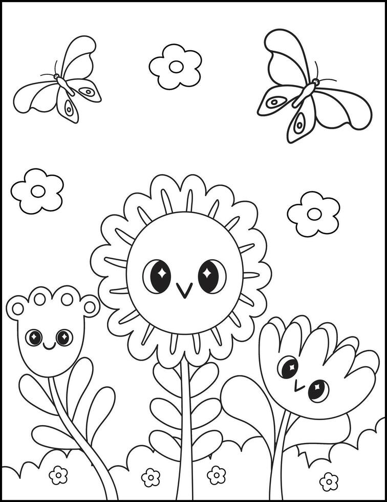 Cute flowers and butterfly coloring page for kids vector
