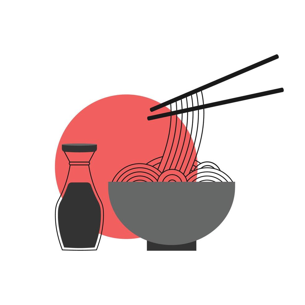 illustration of Asian noodles with chopsticks and soy sauce. Hot dishes. Icons of dishes. vector