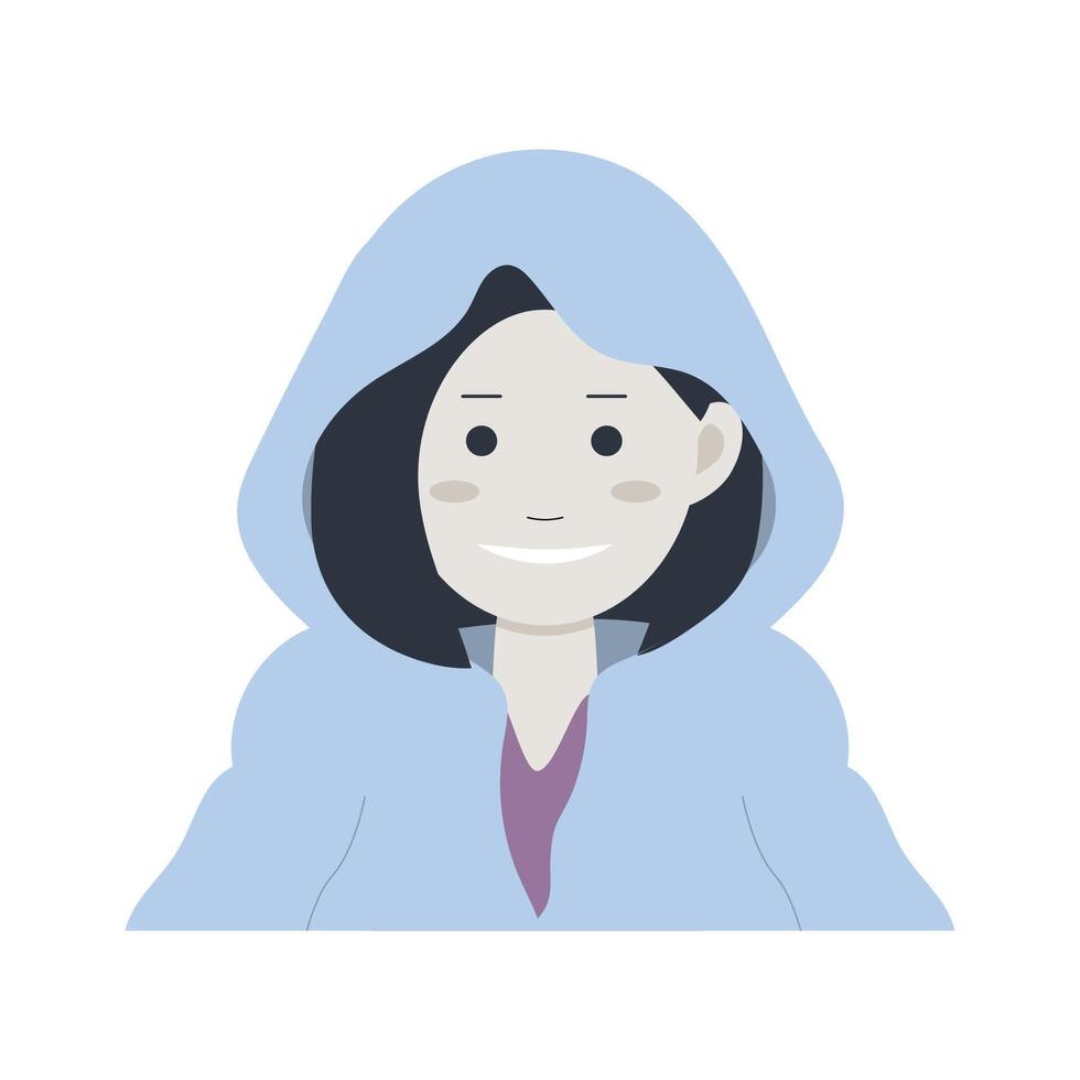 illustration in a flat style a girl in a blue winter jacket with a short haircut smiling. vector