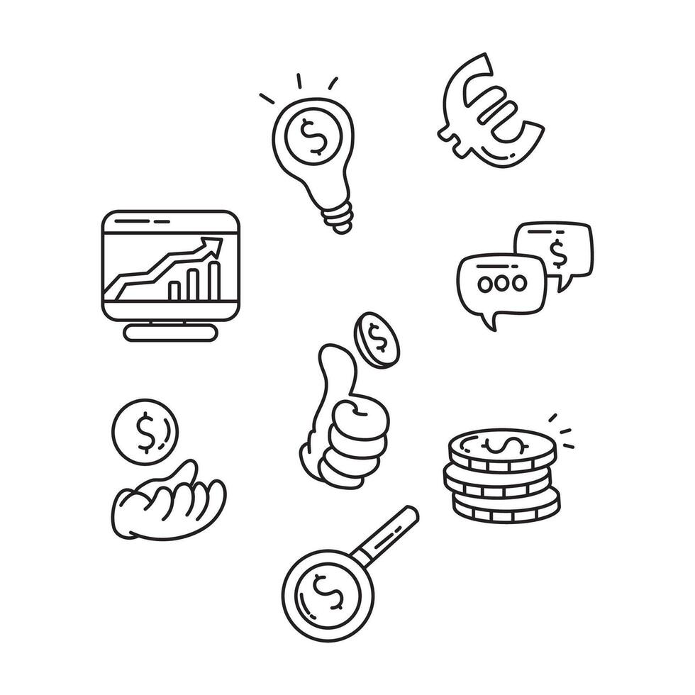 Set of doodle icons for finance and banking. illustration vector