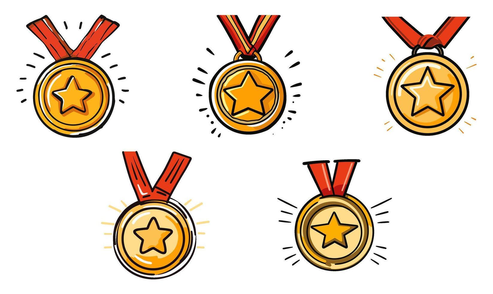 set of illustration of medal. badge doodle. kid hand drawing cute winner trophy. isolated on a transparent background. eps 10 vector