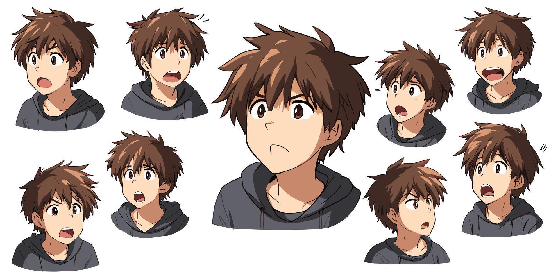 character sheet of man in multiple expressions. set of cartoon anime boy male avatar emoji. vector