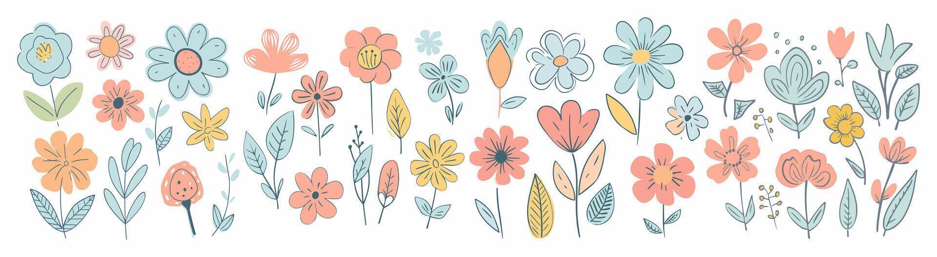 set of illustration of flower. summer doodle. kid hand drawing cute plants. isolated on a transparent background. eps 10 vector
