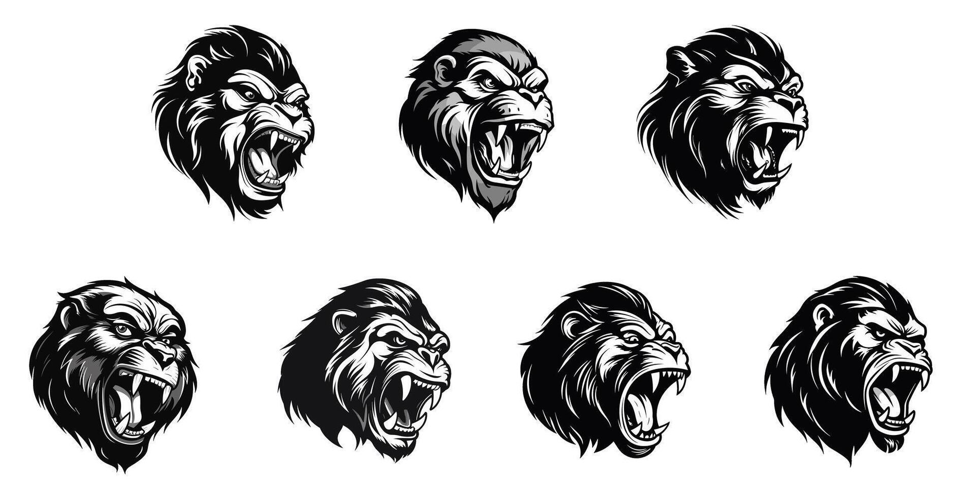 set of black and white gorilla head roaring logo. isolated on a transparent background. eps 10 vector