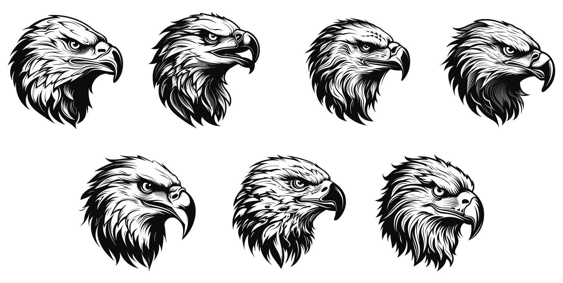 set of black and white eagle head logo. isolated on a transparent background. eps 10 vector