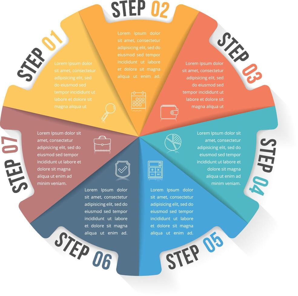 Circle infographic template with seven elements, steps or options, workflow or process diagram vector