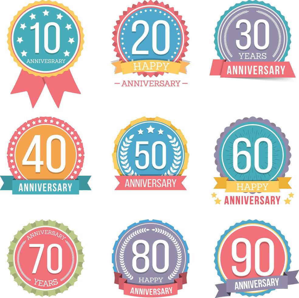 Set of round anniversary emblems with ribbons vector