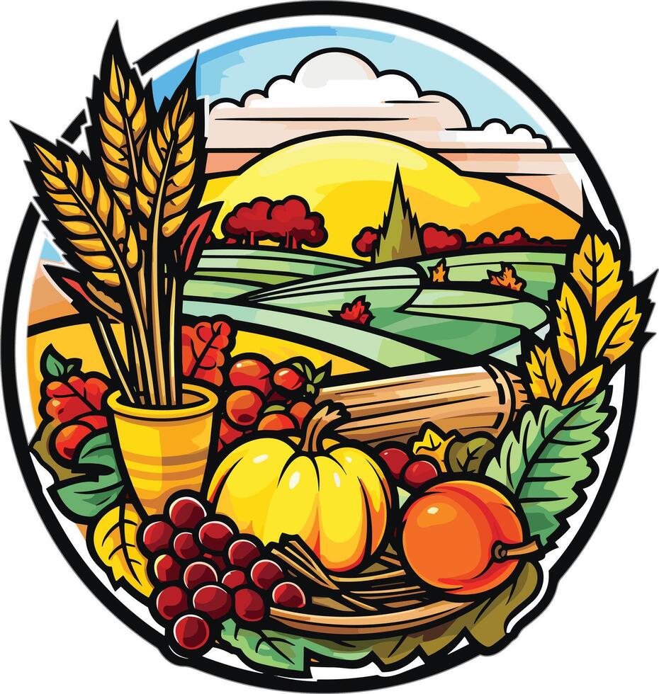 Autumn harvest celebration with crops and colorful fruits vector