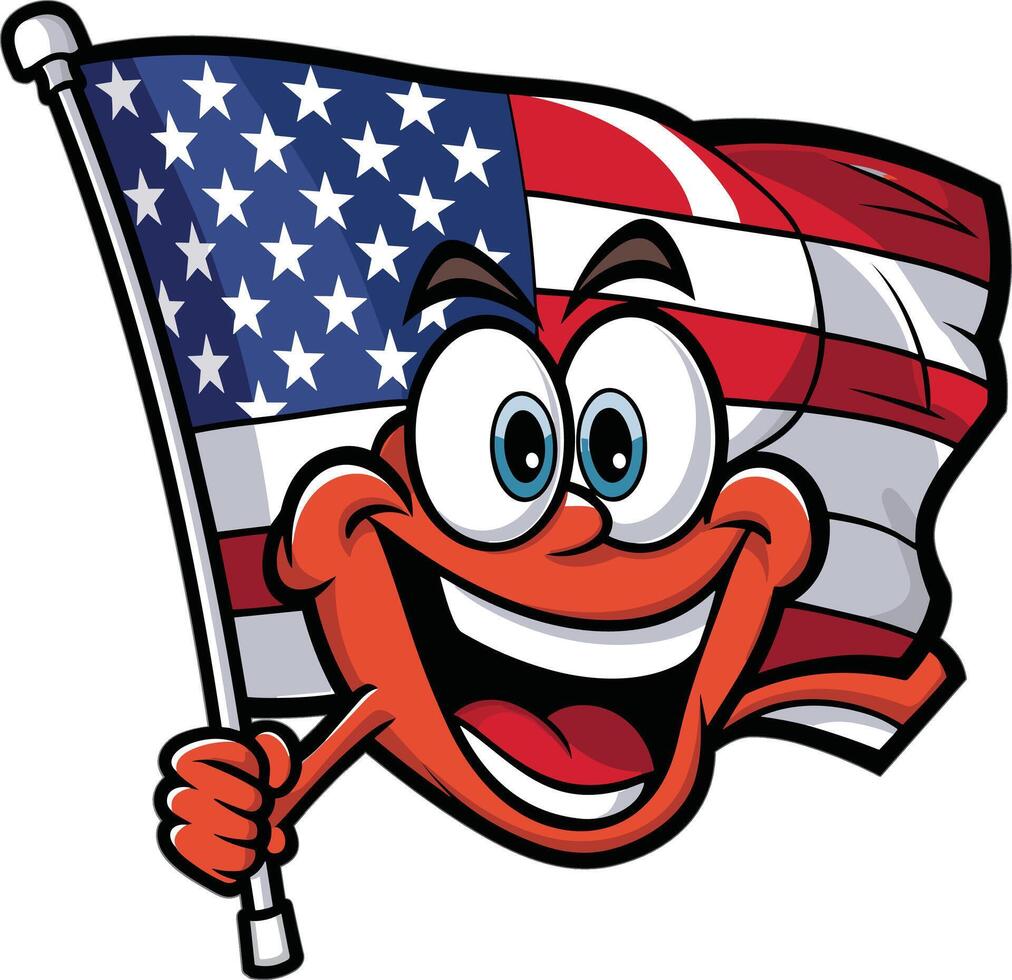 Cartoon character cheerfully waving an American flag during a race vector