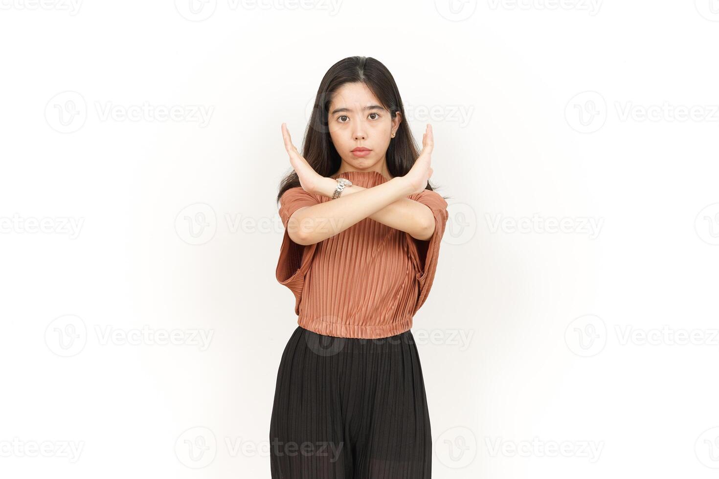 Stop Or Rejection Gesture Of Beautiful Asian Woman Isolated On White Background photo