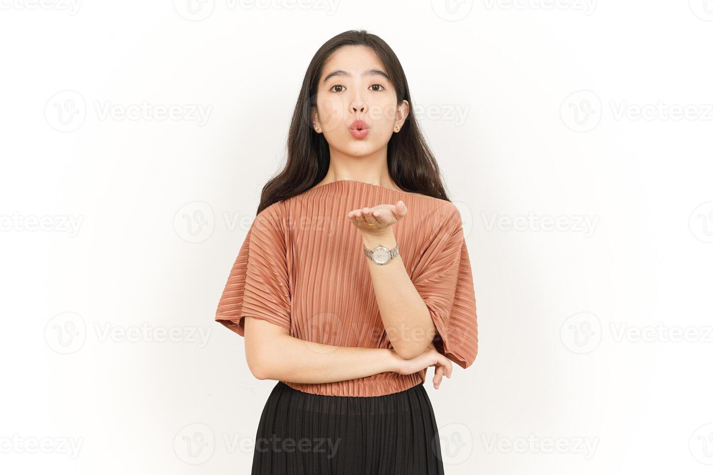 Blowing Kiss Of Beautiful Asian Woman Isolated On White Background photo