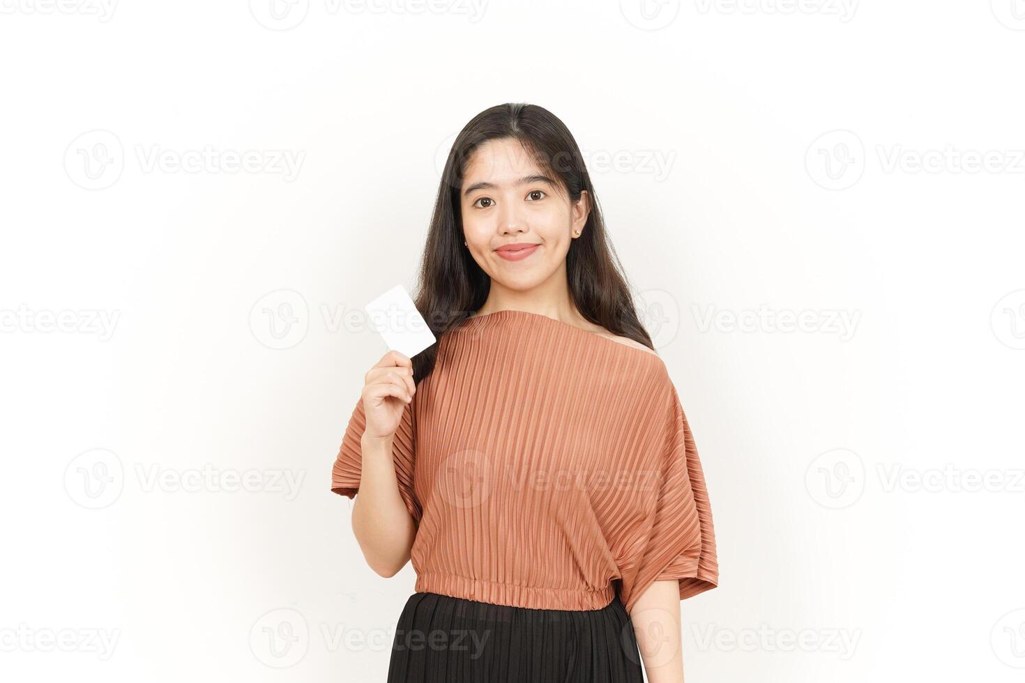 Showing Blank Credit or Bank Card Of Beautiful Asian Woman Isolated On White Background photo