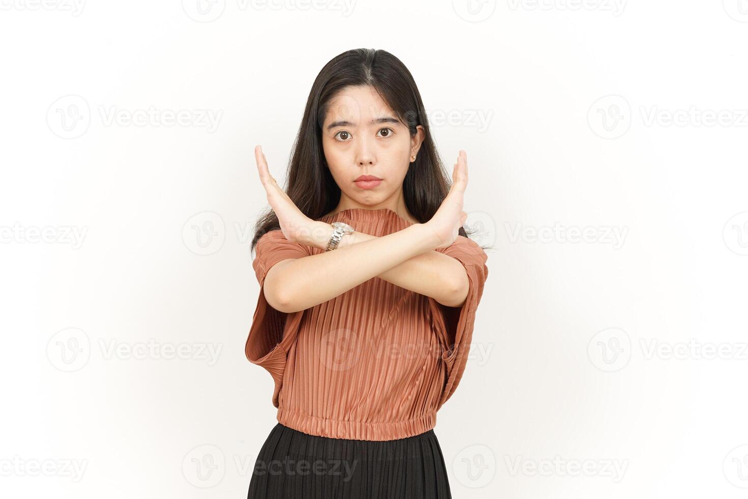 Stop or Rejection Gesture Of Beautiful Asian Woman Isolated On White Background photo