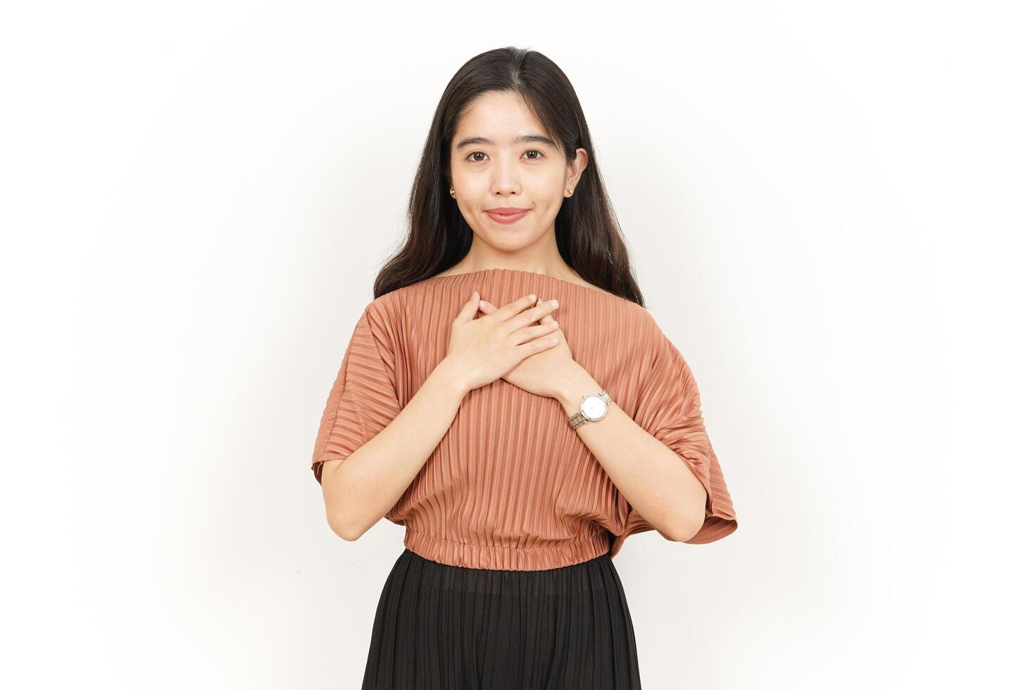 Grateful or Self Love Gesture Of Beautiful Asian Woman Isolated On White Background photo