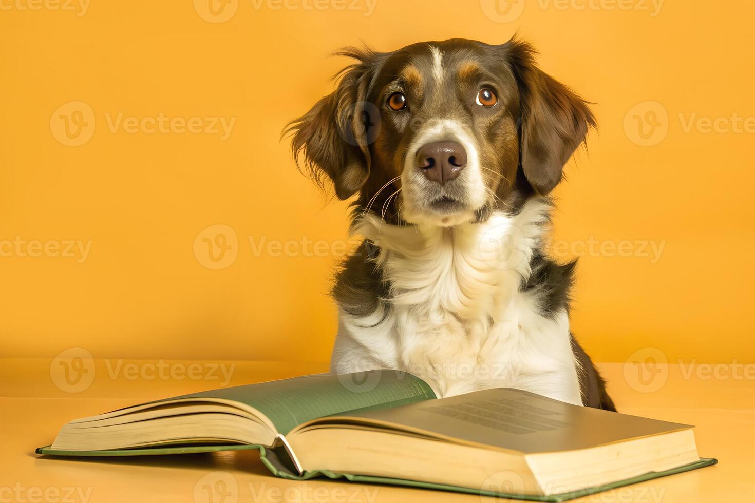 Cute fluffy dog reading a book on a yellow background photo