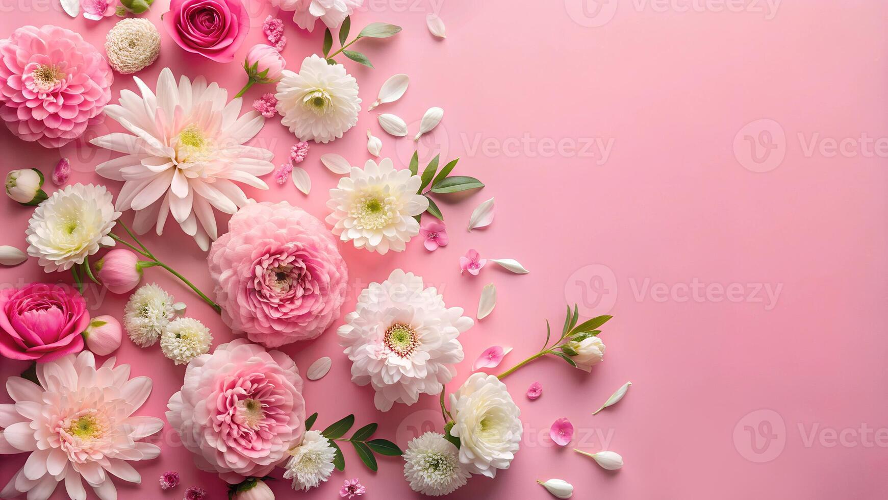 Top view photo of pink and white flower on a paper pink background , romance, date, women's day, with copyspace