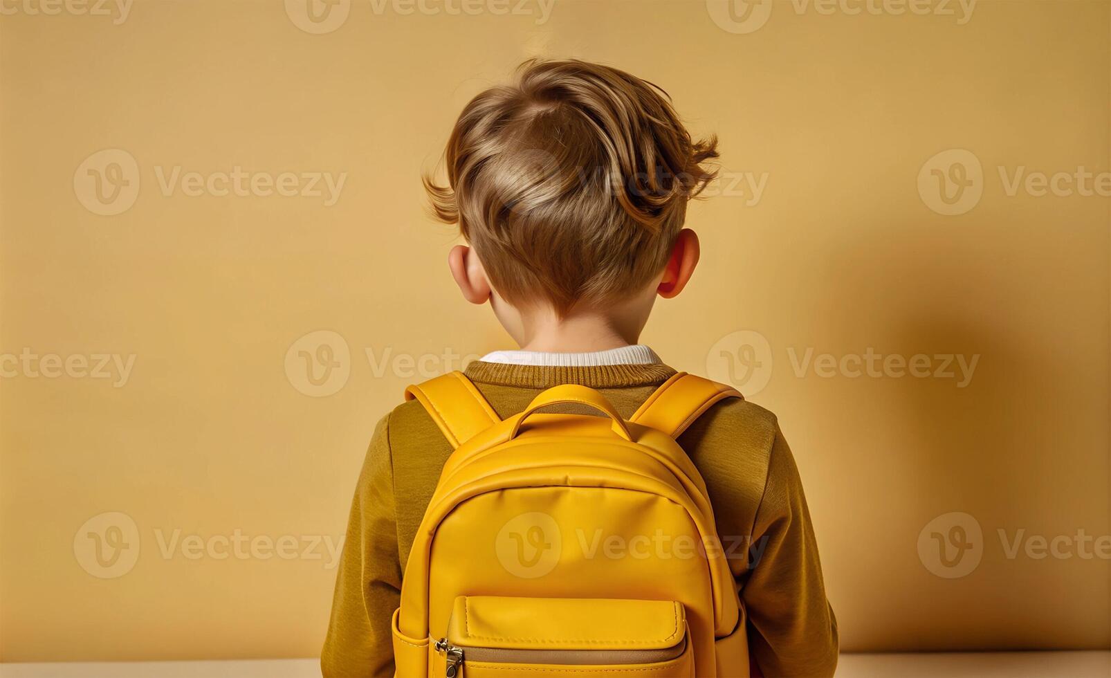 Boy Child, Schoolboy, With Yellow Backpack Behind Back, On Yellow Background, Back View, School Concept, back to school, isolated, copy space photo