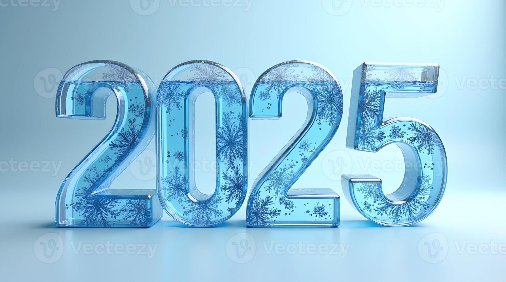 3D rendering of the year 2025, featuring shiny blue numbers resembling ice or frosted glass. New year and the sense of transition and renewal. photo