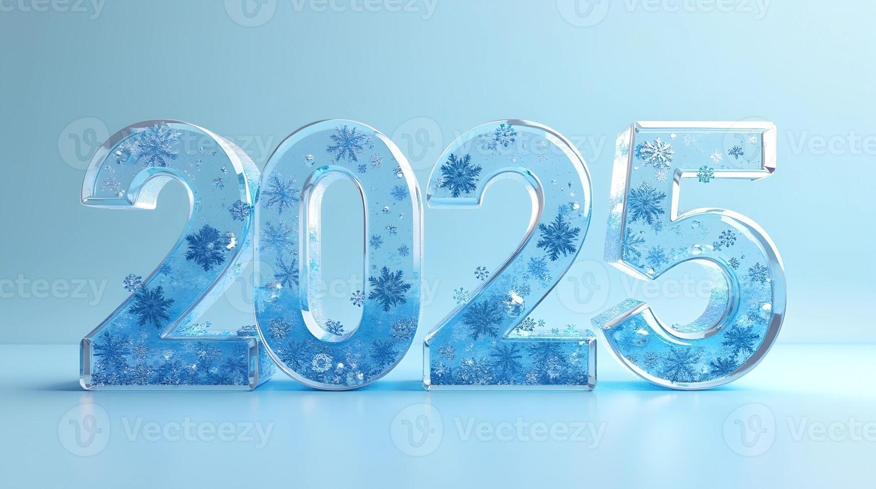 A 3D rendering of the year 2025, depicted in transparent blue glass with an intricate frosty, snowflake-like pattern inside. Ideal for New Year's Eve themes, futuristic concepts, winter campaigns photo