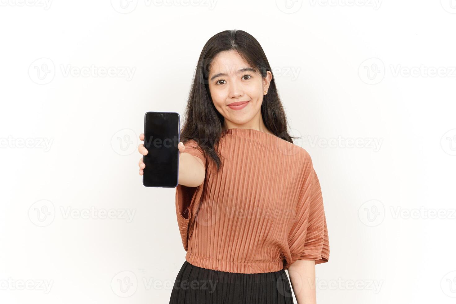 Showing and Presenting Apps On Blank Screen Smartphone Of Beautiful Asian Woman Isolated On White photo