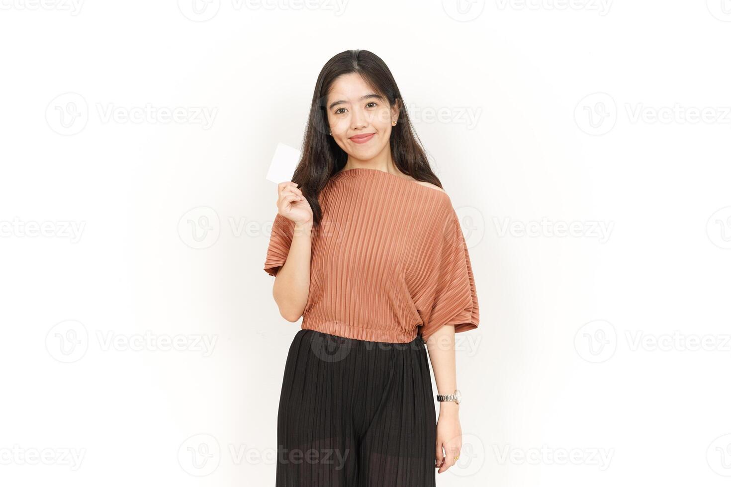 Showing Blank Credit or Bank Card Of Beautiful Asian Woman Isolated On White Background photo