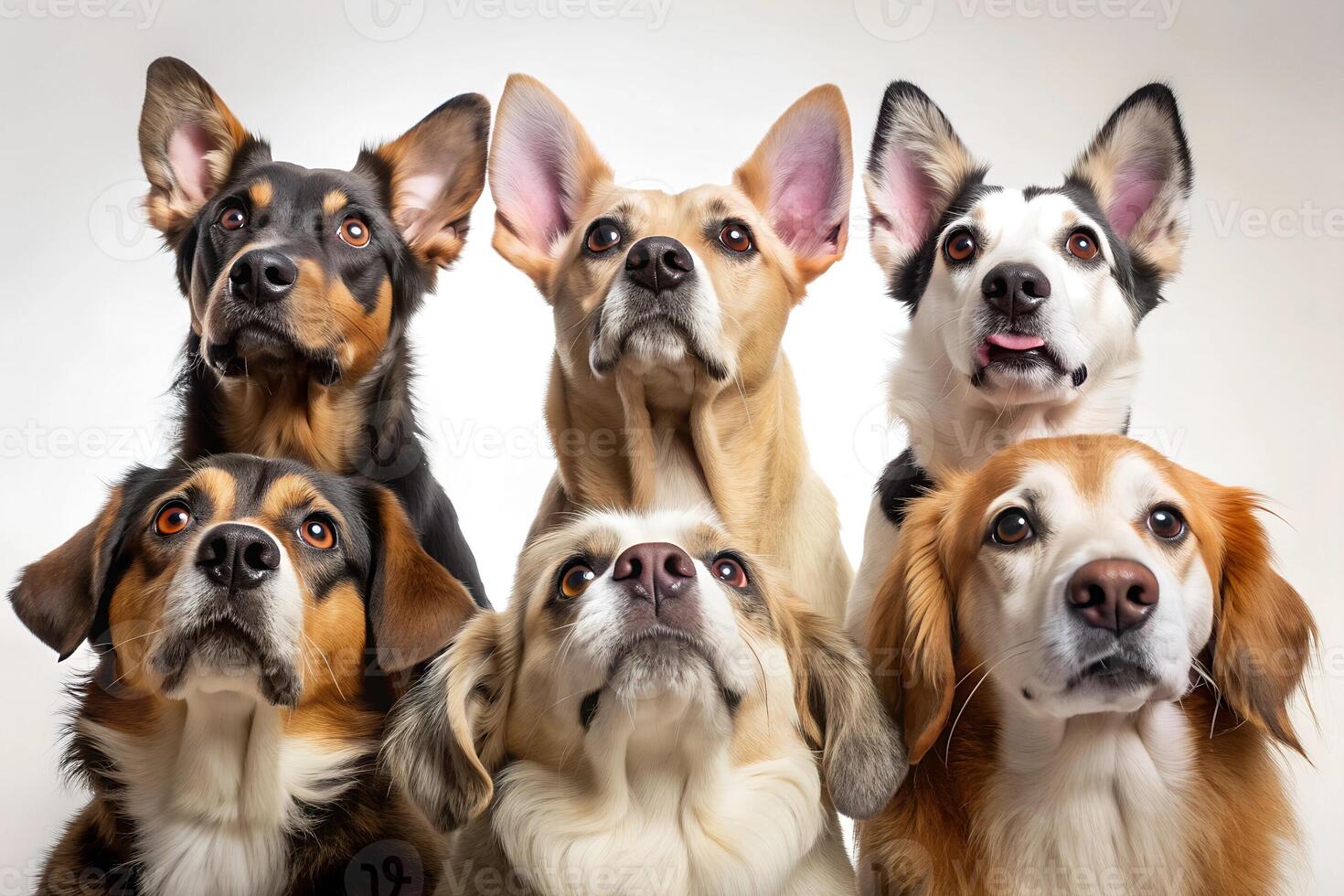 Group of Dogs of Different Breeds Looking Up While Waiting for Food, Group Portrait, pets, isolated, white background photo