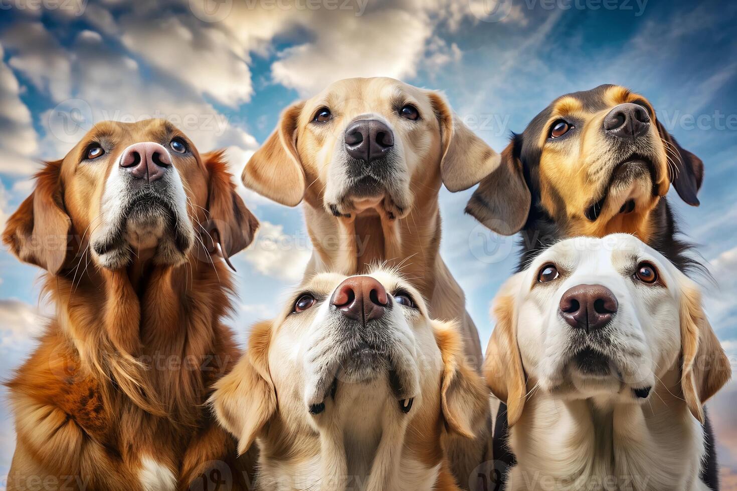 Group of Dogs of Different Breeds Looking Up While Waiting for Food, Group Portrait, pets photo