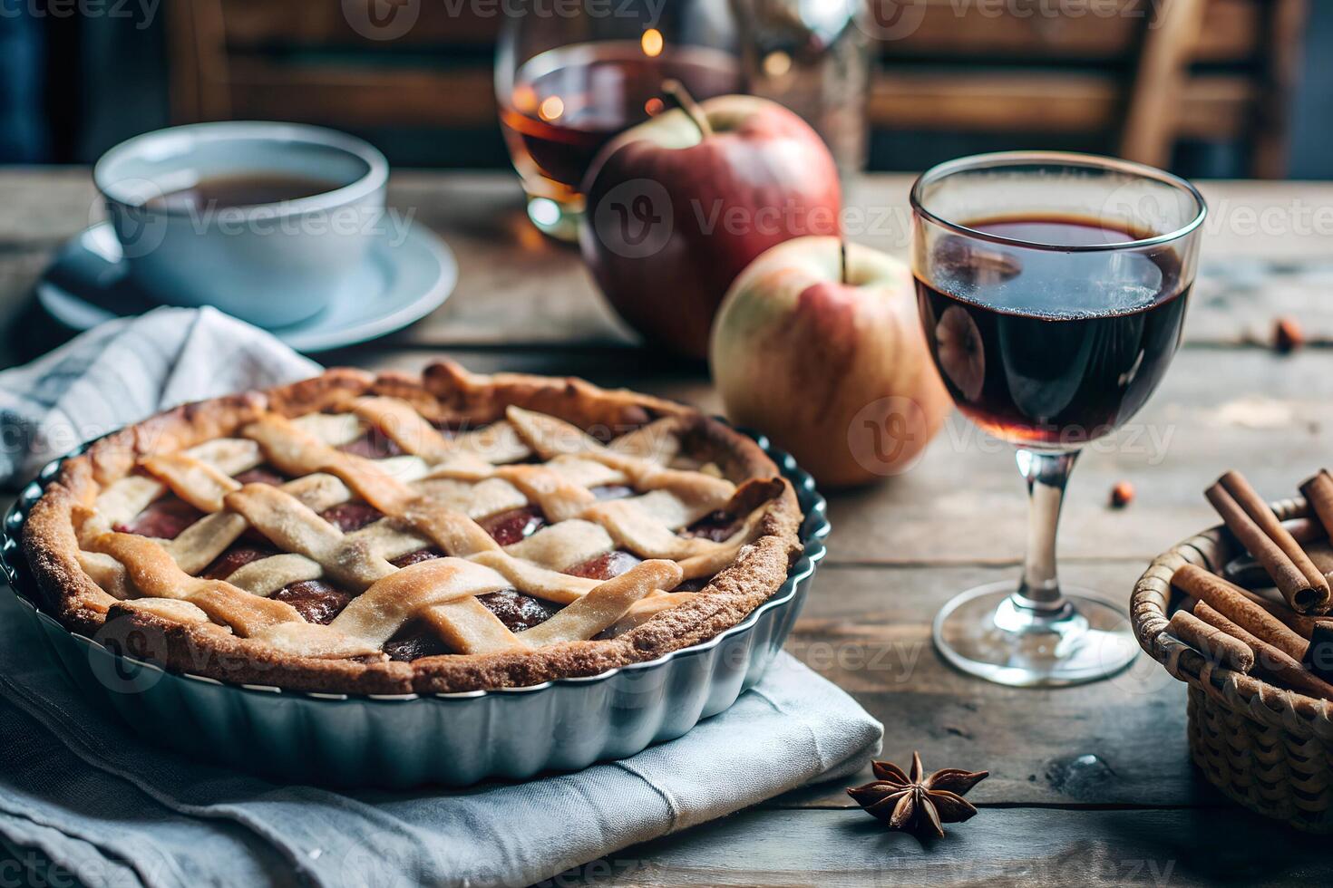 Appetizing and fragrant apple pie on a tablecloth, next to fresh apples, spices and a cup of tea and a glass of mulled wine, autumn, breakfast, dessert, seasonal dishes photo