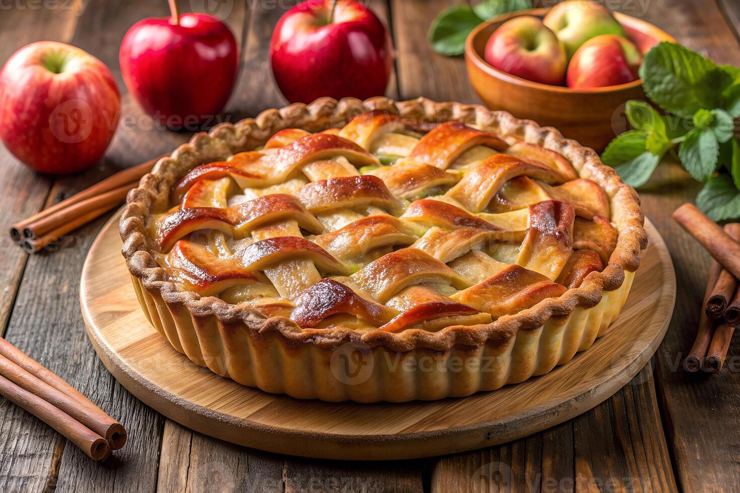 Appetizing and fragrant apple pie on a table, next to fresh apples, autumn, breakfast, dessert, seasonal dishes photo