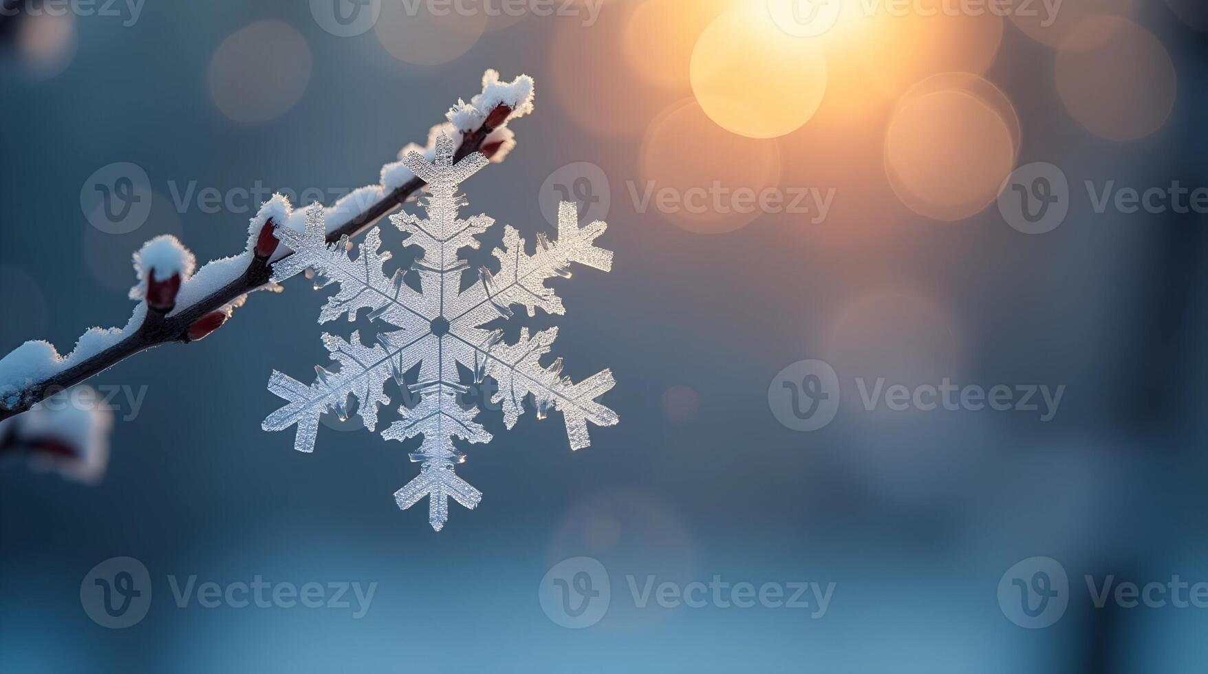 A close-up image of a snowflake perched delicately on a branch during the winter season. Christmas blurred background. Winter concept. photo