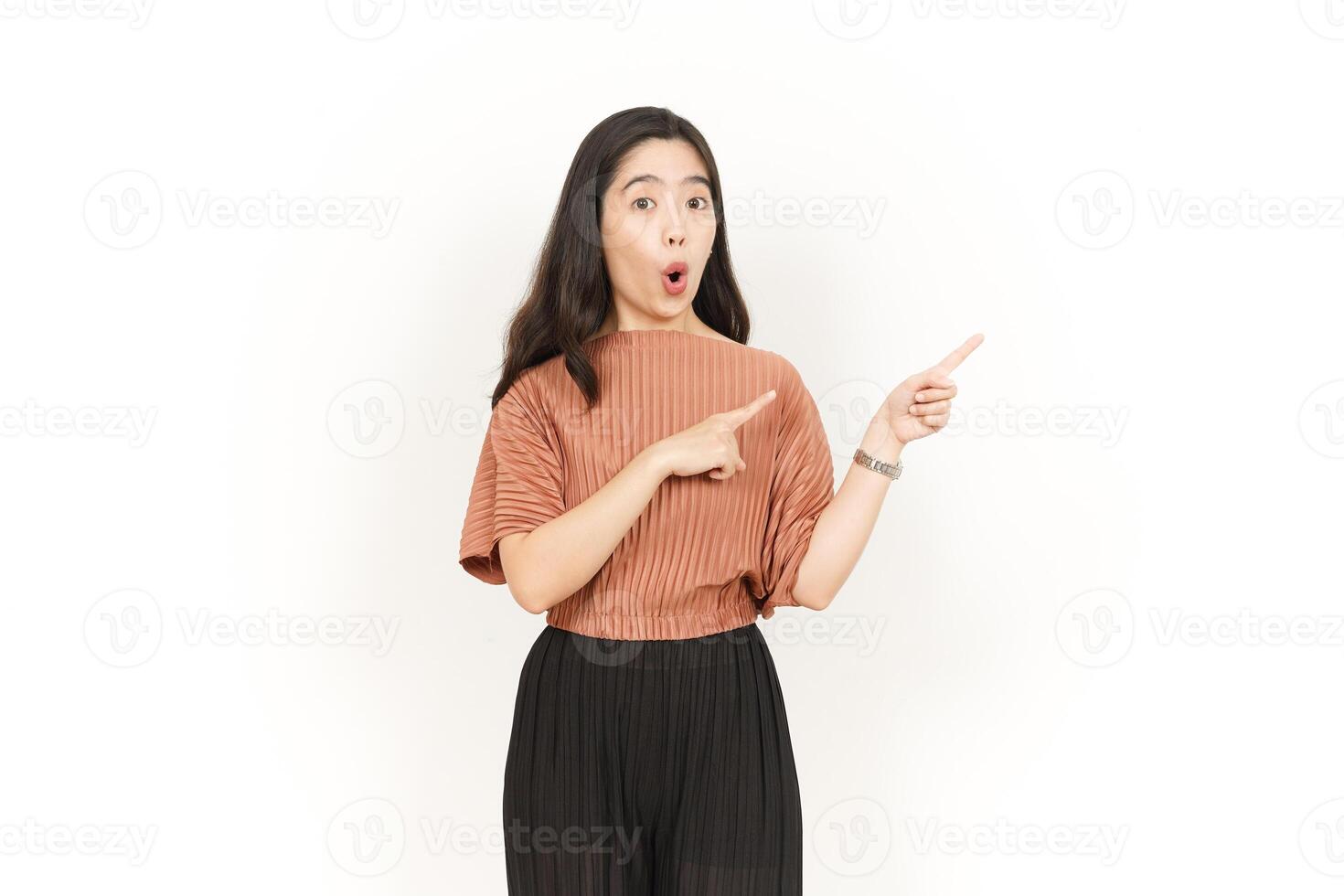 Presenting and Pointing Side Product or Copy Space Of Beautiful Asian Woman Isolated On White Background photo