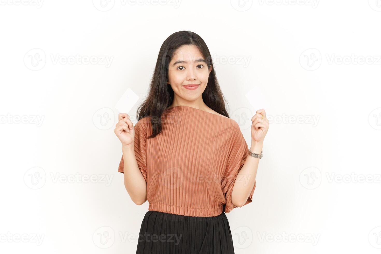Showing Blank Credit or Bank Card Of Beautiful Asian Woman Isolated On White Background photo