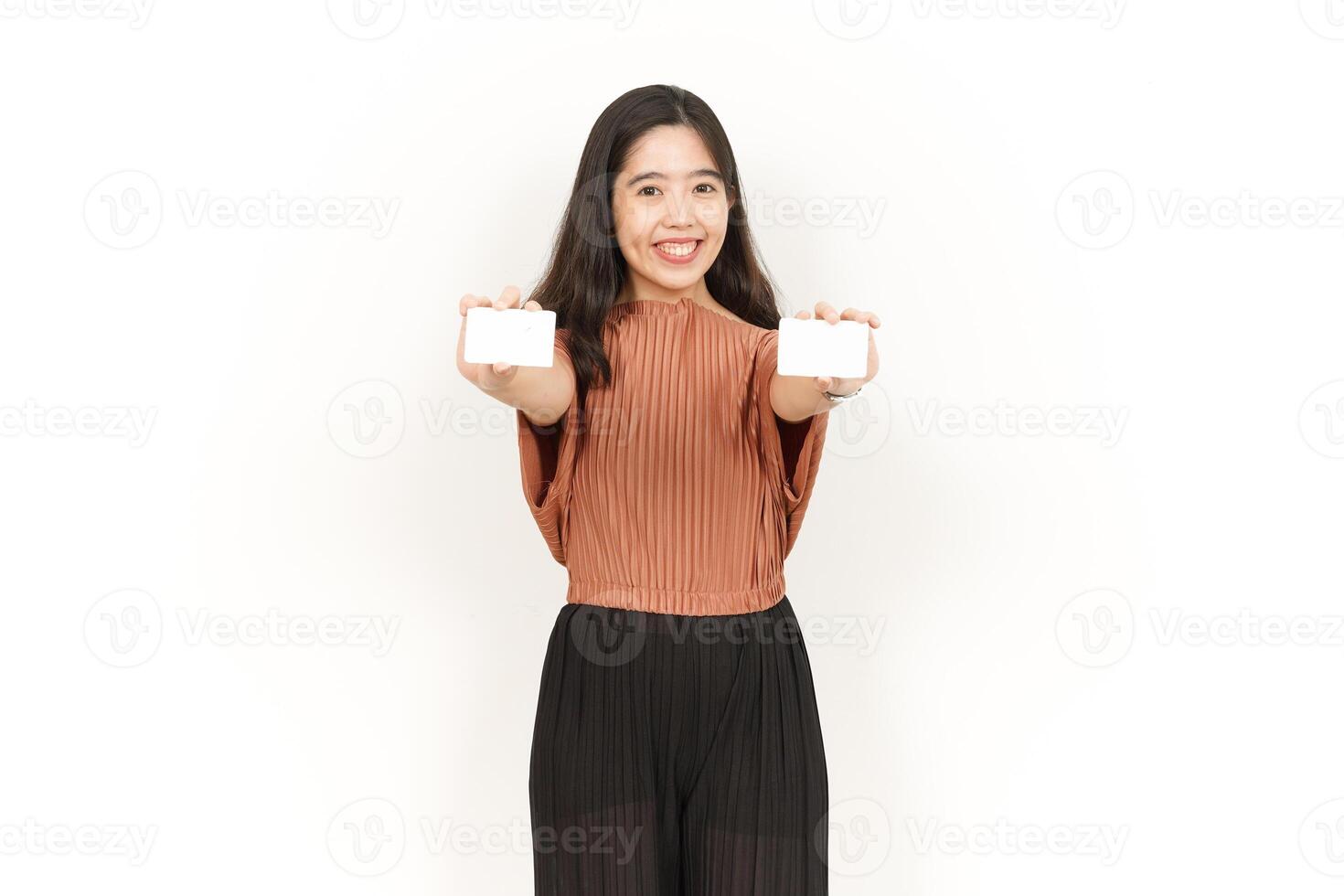 Showing Blank Credit or Bank Card Of Beautiful Asian Woman Isolated On White Background photo
