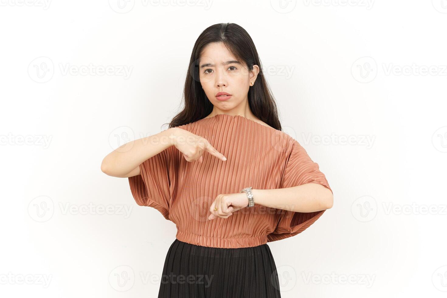 Pointing to watch, Angry for late photo