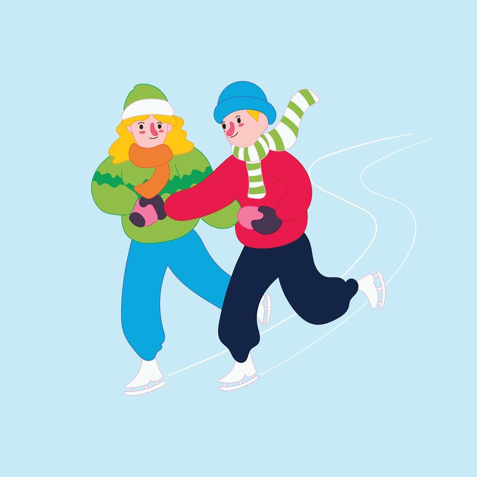 A couple of lovers are playing ice skating enjoying the holiday season. vector