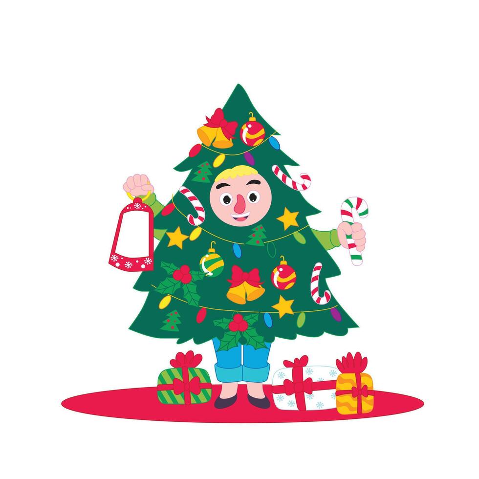 A festive mom dressed as a decorated Christmas tree. vector