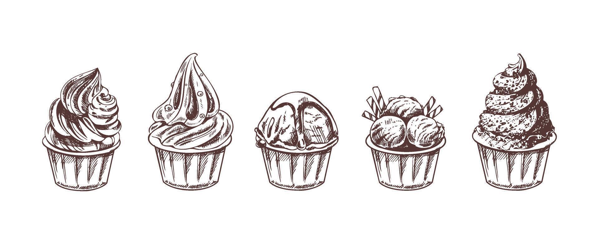 Hand-drawn ice cream cup collection in vintage style with soft serve vector