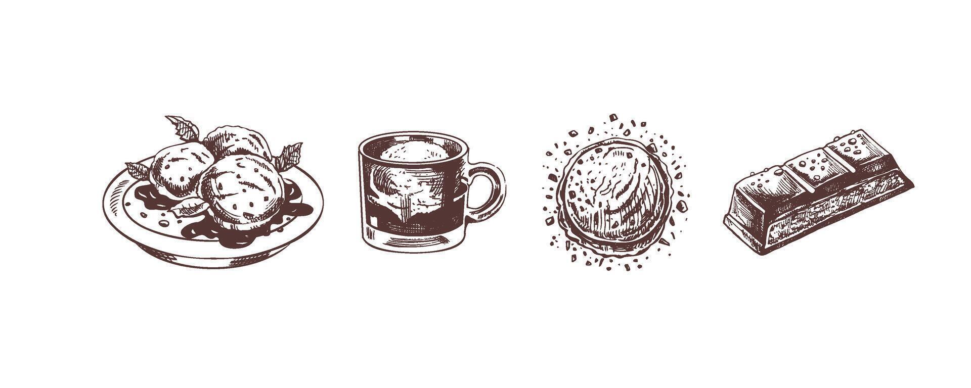Hand-drawn vintage ice cream, coffee cup, and chocolate illustration vector