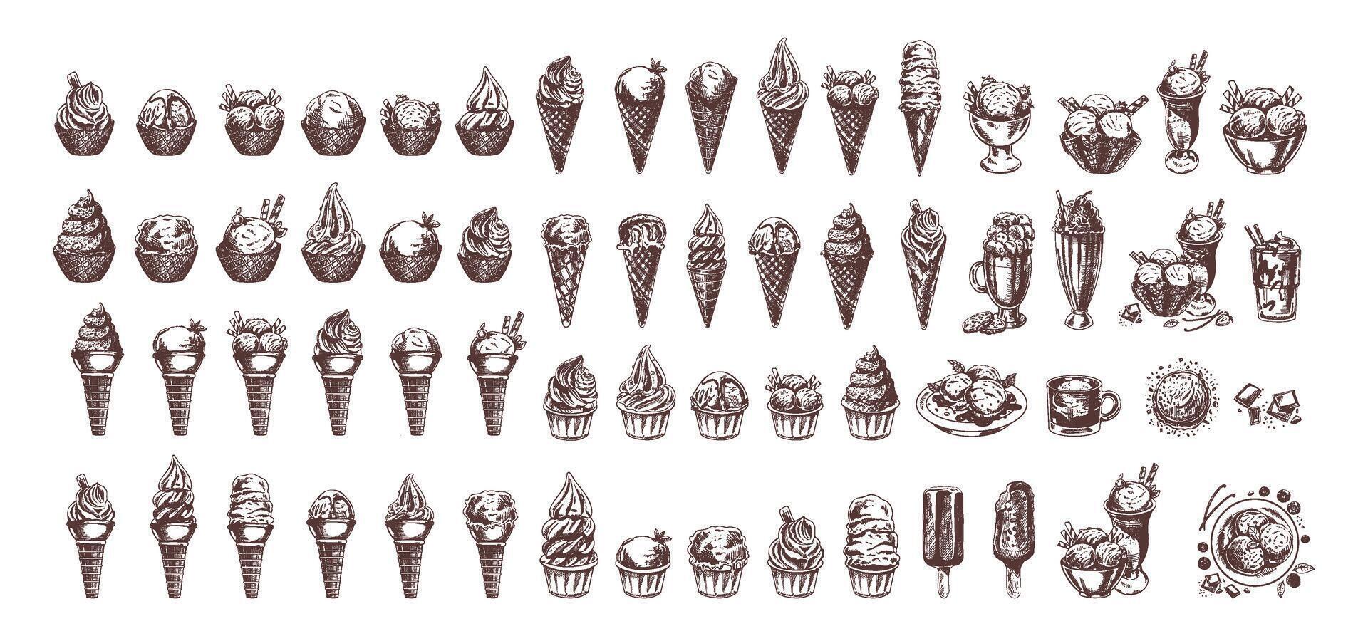 Big hand-drawn sketch of ice cream or frozen yoghurt in waffle cups and cones, milkshakes, ice cream on a stick, cookies. Element for labels, packaging and postcards. Sweet food. vector