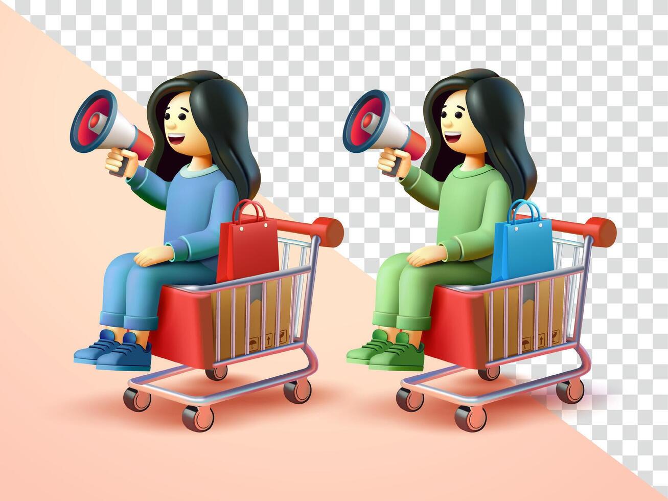 Woman holding megaphone while sitting on trolly. 3d suitable for, promotion, advertising and design elements vector