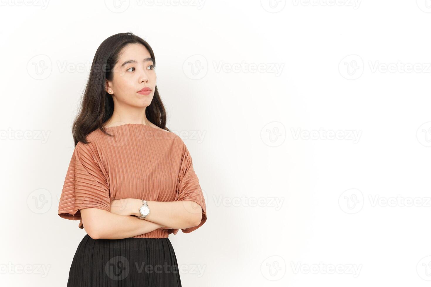 Folding Arms and Serious Face Of Beautiful Asian Woman Isolated On White Background photo
