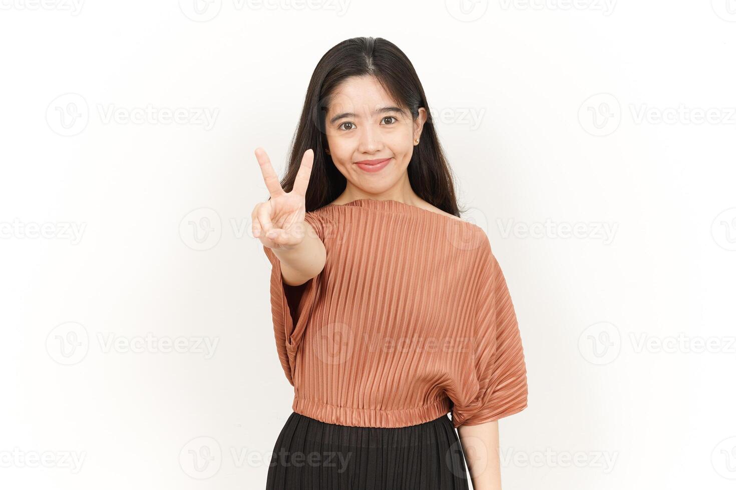 Showing Two Finger Of Beautiful Asian Woman Isolated On White Background photo