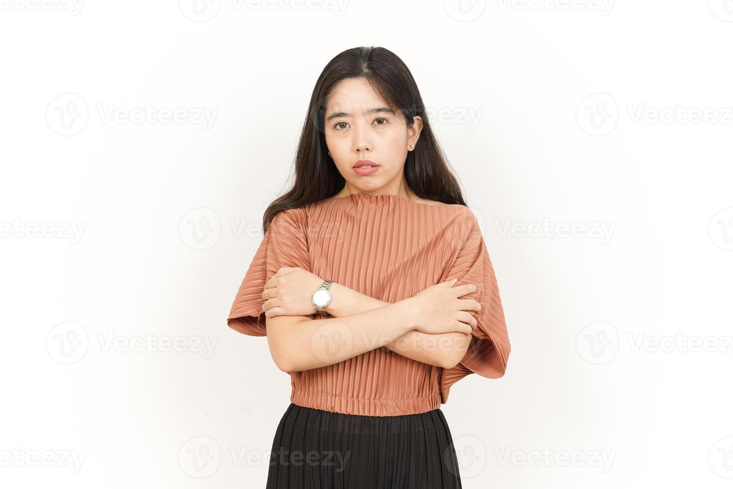 Freezing gesture Of Beautiful Asian Woman Isolated On White Background photo