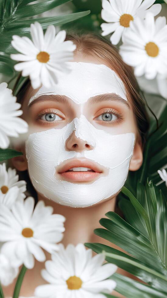 Enjoying a calming beauty routine with a soothing face mask among vibrant flowers photo