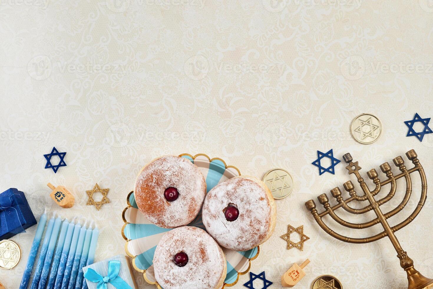 Hanukkah Celebration framework. Flat Lay photo