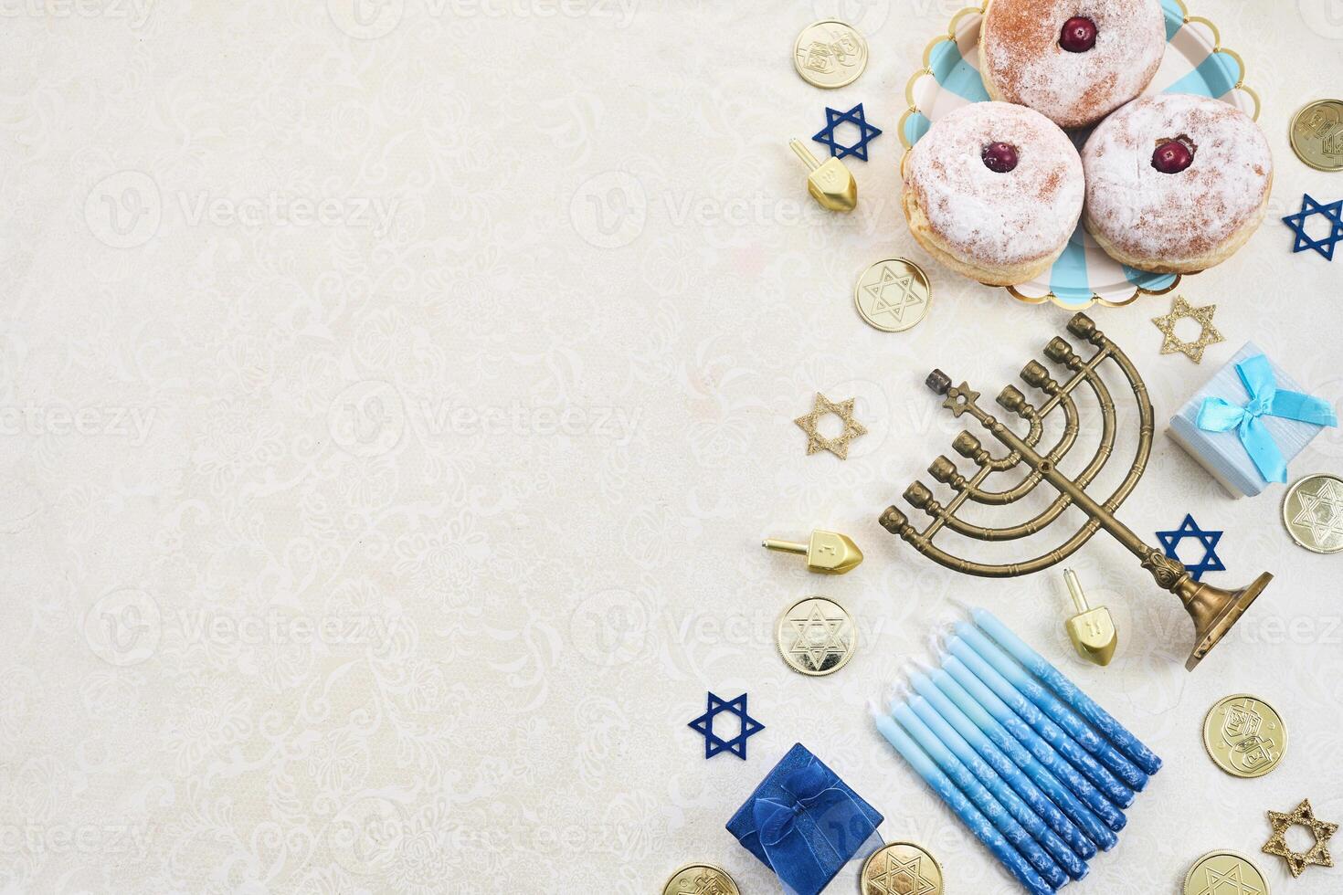 Hanukkah Celebration background. Flat Lay photo