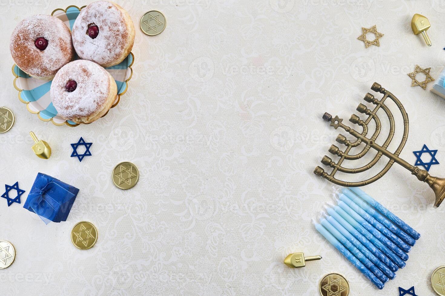 Hanukkah Celebration framework. Flat Lay photo