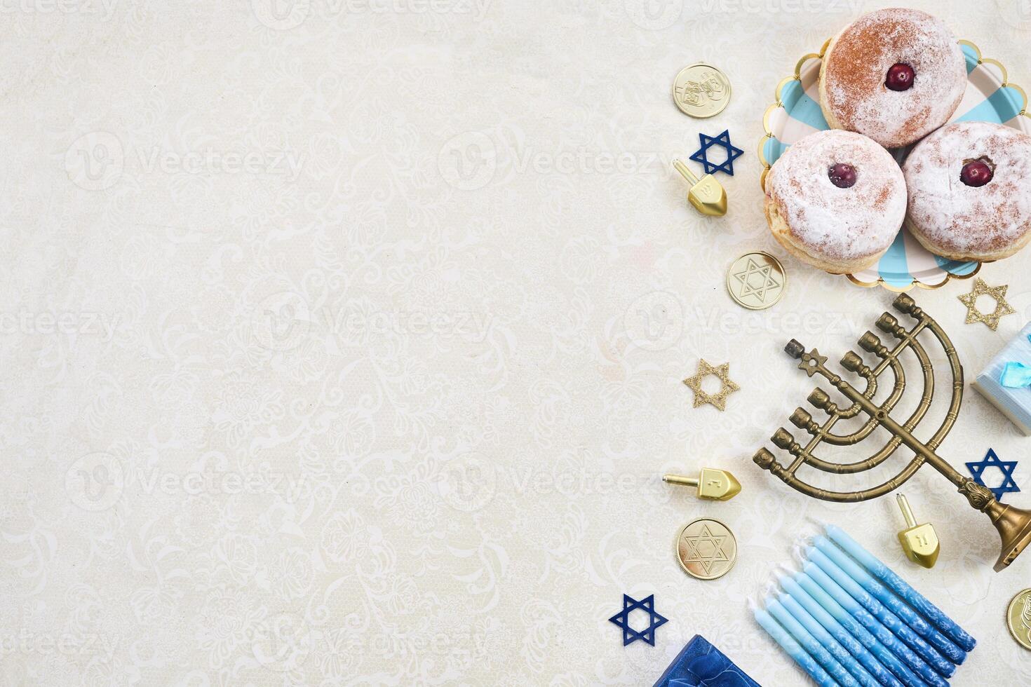 Hanukkah Celebration framework. Flat Lay photo