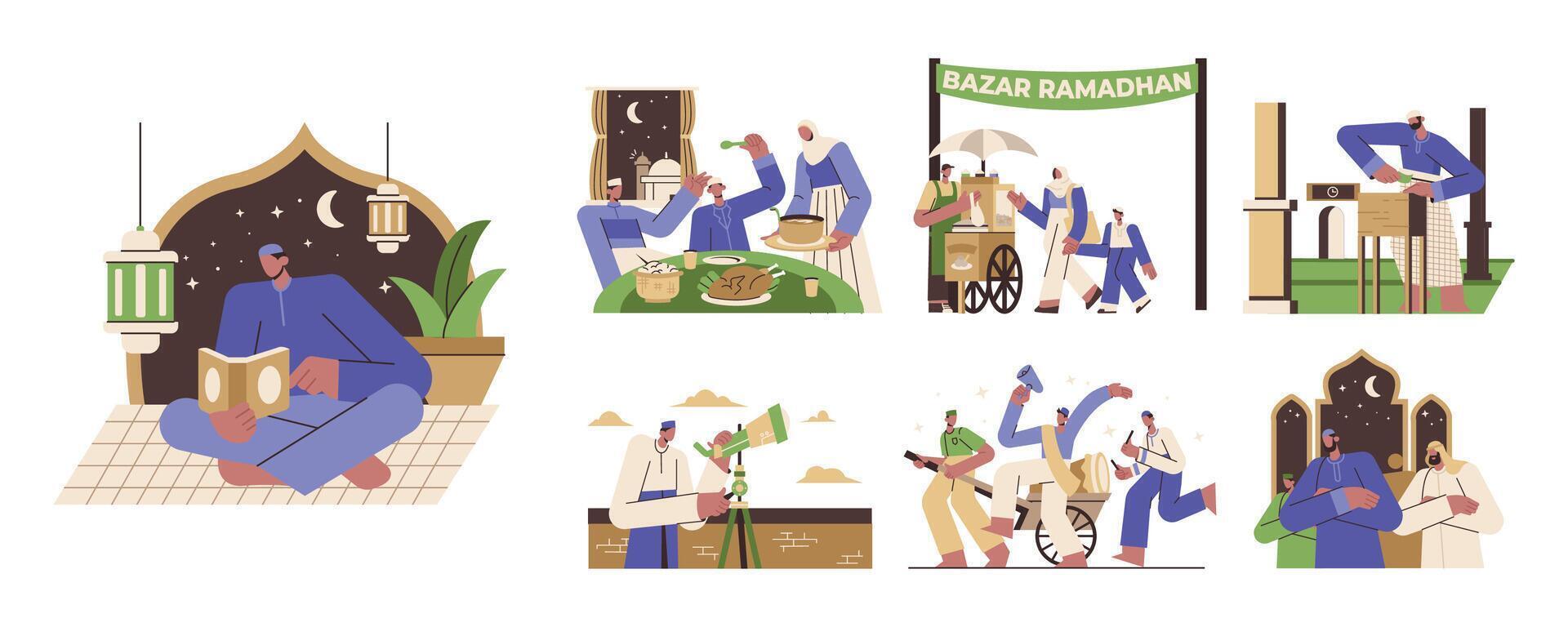 Bundle of Ramadan Activities with Muslim People in Flat Illustration Style Design vector